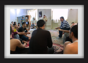 Mohammadreza holds a meeting to listen to people who have been accepted to the camp recently. Over 50 people were sent to his camp as a result of an addict eviction project in Karaj (48 Kilometers away from Tehran). They refuse to pay for their treatment and accommodation, which has caused problems for Mohammadreza. 21.08.2015